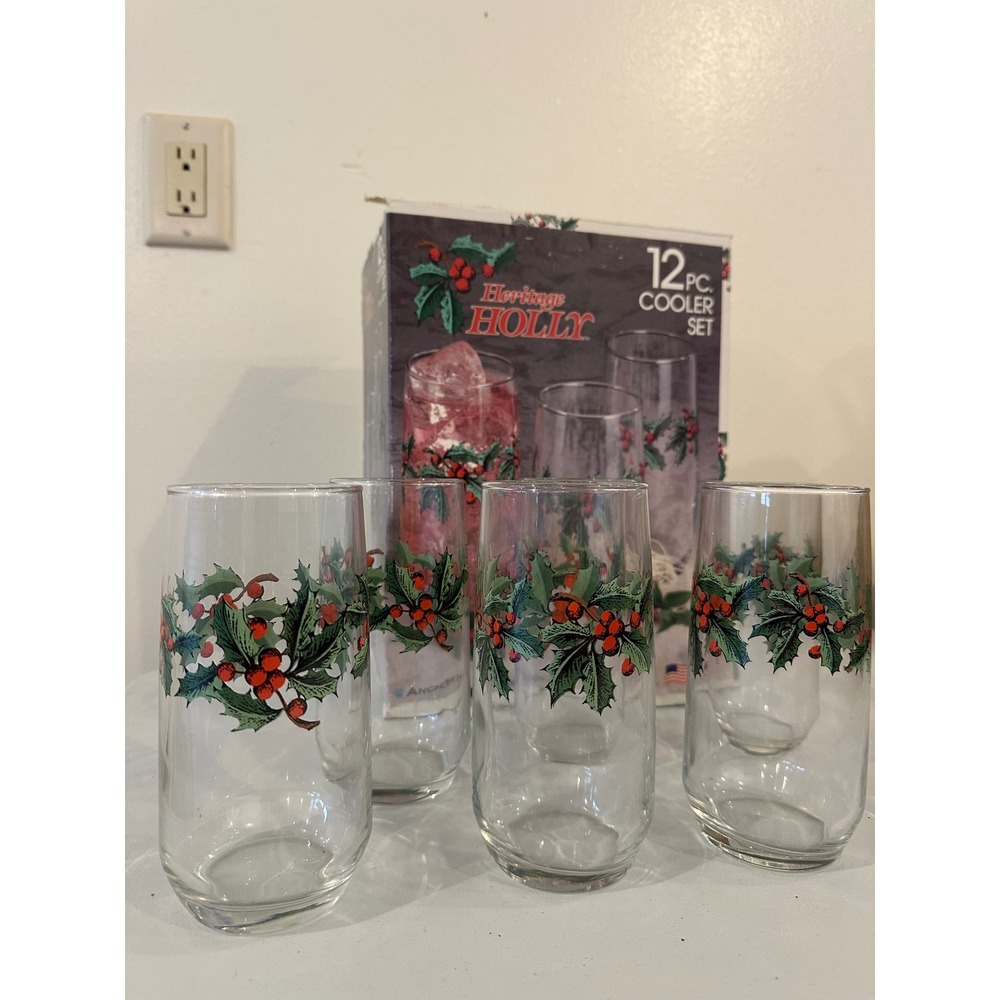 Anchor Hocking Heritage Holly Christmas Glasses Set 12pc Cooler Tumblers Vintage